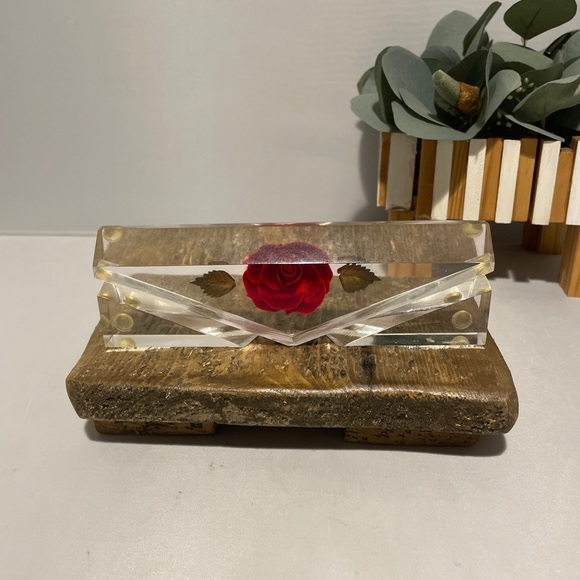 Vintage Red Rose Bircraft-Style Business Card Recipe Holder Clear Lucite Acrylic - Picture 6 of 12